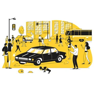 A crashed car on a busy city street surrounded by curious pedestrians