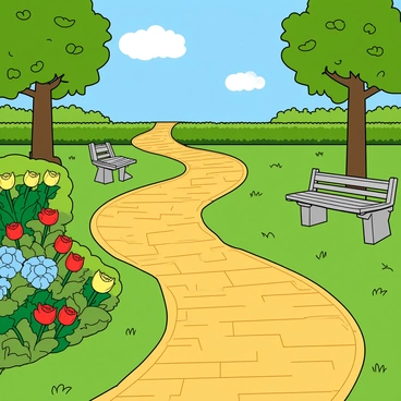 A winding yellow brick road curves gently through a meticulously manicured garden. On either side of the path, vibrant flowers in various colors bloom, including red roses, blue hydrangeas, and yellow tulips. Lush green grass blankets the ground, and neatly trimmed hedges form colorful borders along the road. At intervals, decorative stone benches are placed under the shade of leafy trees, inviting visitors to rest. Above, the sky is bright blue with a few fluffy white clouds scattered throughout. The overall scene is cheerful and inviting, showcasing the natural beauty of the garden.