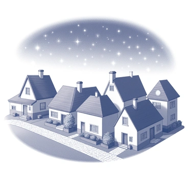 A village scene with several quaint houses, each featuring distinct rooftops. The rooftops are varied in shape and design, creating a picturesque skyline. The houses are arranged along a winding cobblestone path, with some adorned with small gardens. Overhead, a clear night sky filled with numerous stars creates a twinkling effect, illuminating the village below. The atmosphere is tranquil, as the stars cast soft shadows over the rooftops.