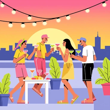 A rooftop party scene during sunset, with a vibrant orange and purple sky casting a warm glow over the setting. Guests are mingling and laughing, dressed in colorful summer attire. Several individuals are holding elegant "coupe glasses" filled with cocktails, showcasing various shades of pink, green, and yellow drinks. The rooftop is adorned with string lights that twinkle softly, and there are potted plants with lush green foliage scattered around, adding to the festive atmosphere. A small table is set up with snacks and more drinks, creating a cozy gathering spot.
