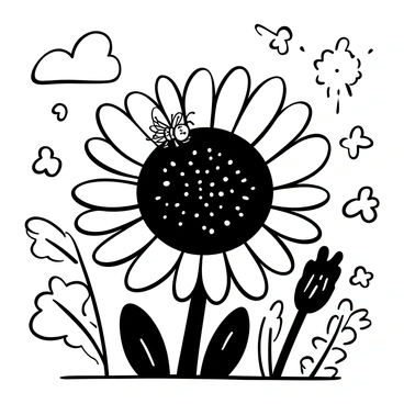 A close-up illustration of a "bee" resting on a "sunflower." The sunflower is detailed, showcasing its large, round, textured center with petal layers extending outward. The background features blurred outlines of various garden plants and flowers, creating a sense of depth and lushness. The bee is depicted with intricate wing patterns and thorax texture, positioned delicately on the sunflower's vibrant surface. "Sunny garden" elements are subtly represented with abstract shapes suggesting light and warmth around the main subjects.