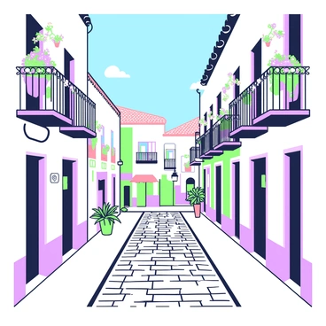 A picturesque Spanish street is lined with cobblestones. On both sides of the street, there are balconies adorned with vibrant flowers, creating a lively atmosphere. The architecture features whitewashed walls with intricate iron railings. A few potted plants are placed on the balconies, adding to the charm. In the background, there are small shops with colorful signs and awnings, contributing to the bustling feel of the street. A clear blue sky is visible above, enhancing the overall scene.