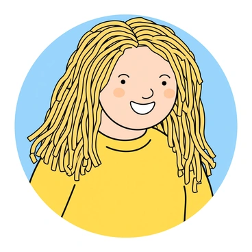 A whimsical portrait of a person with a cheerful expression. They have a round face and large, bright eyes. Their hair is made entirely of long, golden spaghetti noodles that cascade down their shoulders and frame their face. The person is wearing a vibrant yellow shirt, which complements the pasta hair. A playful smile reveals their enthusiasm, and the background features a light blue color, enhancing the playful atmosphere of the portrait.