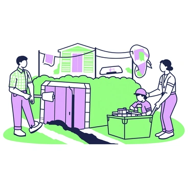 A 1950s suburban backyard features a family preparing a bomb shelter. In the center, there is a partially constructed shelter with wooden walls and a metal door, partially hidden behind a hedge. A father is digging a trench with a shovel, wearing a checked shirt and slacks. To his right, a mother is organizing supplies in a green plastic container, including canned goods and flashlights. Children are nearby, one holding a toy soldier while the other is stacking wooden planks. The setting includes a clothesline with a few garments gently blowing in the wind, and a classic car parked in the driveway can be seen in the background. A sense of urgency and focus permeates the scene.