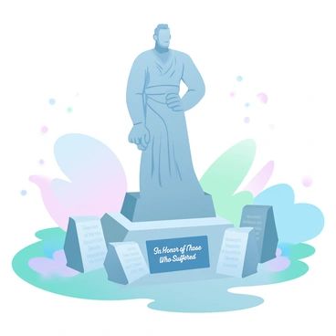 A memorial statue stands prominently in a serene park setting, showcasing a powerful figure representing resilience. The statue is made of polished stone, with intricate details carved into the clothing and posture of the figure, symbolizing strength and remembrance. Surrounding the statue are several smaller stones, each engraved with the names of individuals affected by the Indian Removal Act. The area is adorned with lush greenery, and soft, gradient pastel colors fill the background, creating a gentle atmosphere that invites reflection. In front of the statue, a small plaque reads "In Honor of Those Who Suffered," providing context and emphasizing the significance of the memorial.
