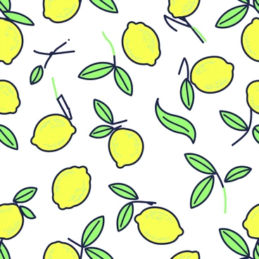 A repeating pattern fills the image with lemons and leaves. The lemons are bright and round, each with textured skin and a small stem. Surrounding the lemons are green leaves that are elongated and detailed, showcasing their veins and edges. The composition is balanced, with lemons and leaves evenly distributed throughout the design, creating an engaging visual rhythm. The entire arrangement is placed on an undefined bright background that enhances the vibrancy of the fruits and foliage.