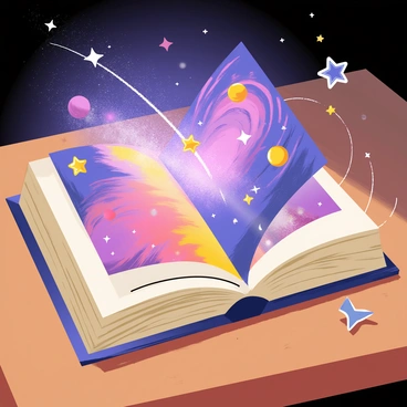 A thick book with a textured brown cover is open on a wooden table. The pages inside are filled with colorful illustrations of stars, planets, and swirling nebulae. A vibrant galaxy is spilling out from the center of the book, featuring shades of purple, blue, and pink. Bright stars are twinkling among the cosmic elements, and wisps of stardust are drifting away from the pages into the air. The scene is illuminated by a soft glow emanating from the galaxy, creating an enchanting atmosphere.