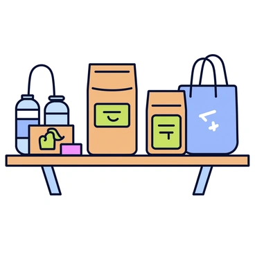 A product displayed on a wooden shelf. The product is in biodegradable packaging that has a natural brown color and a textured surface. The packaging features minimalistic labels with green accents indicating its eco-friendly nature. Surrounding the product are various items that emphasize reducing plastic waste, such as reusable bags and glass containers. The overall arrangement creates a clean and organized appearance.