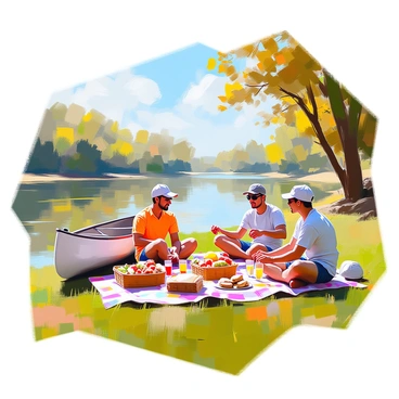 A group of three canoers taking a break from paddling is enjoying a picnic on a grassy riverbank. The scene shows two men and one woman, all wearing casual outdoor clothing, seated on a colorful blanket spread out on the lush green grass. A canoe is pulled up on the shore nearby, partially in the water. The picnic spread includes a basket filled with sandwiches, fruit, and drinks. Behind them, the gentle river flows, reflecting the blue sky and the scattered clouds. Tall trees line the riverbank, providing shade and a sense of tranquility to the setting.
