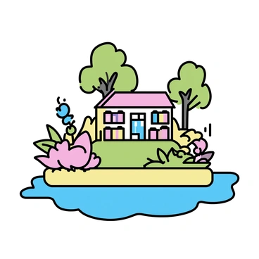 A floating island with a quaint library situated at its center. The library features bookshelves made from trees, their trunks and branches forming natural shelves filled with books. Cozy reading spots are scattered around the library, with comfortable seating providing views that overlook the horizon. The landscape of the island includes lush greenery and vibrant flowers surrounding the library, enhancing the tranquil atmosphere.