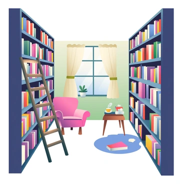 A quaint bookstore features towering shelves filled with various books in the foreground. The shelves are made of dark wood, and some have small decorative elements like potted plants on top. Cozy reading nooks are situated throughout the store, each with a comfortable armchair and a small side table holding a steaming cup of tea. Soft, warm lighting illuminates the space, enhancing the inviting atmosphere. Old wooden ladders lean against the shelves, providing access to the higher books. In one corner, a window with sheer curtains allows natural light to filter in, creating a peaceful reading environment.