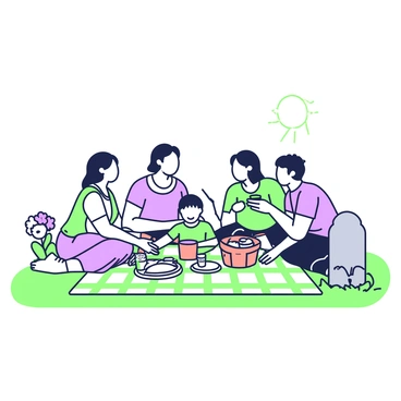 A family of four is gathered having a picnic near a grave. They are sitting on a green checkered blanket spread on the grass. The grave is marked with a simple stone, engraved with "In loving memory". The family members are smiling, sharing food from a woven basket. On the blanket, there are plates of sandwiches, a fruit bowl, and drinks in cups. Sunlight streams down, casting soft shadows. To the side, a small bouquet of flowers rests on the grave, adding a touch of warmth to the scene.