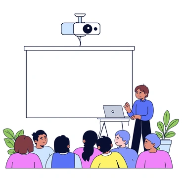 A speaker is standing in front of a large white projector screen. The speaker has short brown hair and is wearing a blue shirt. The laptop, which is silver, is open on a small table in front of the speaker. The speaker is looking at the laptop with a worried expression, as they try to connect it to the projector. The projector is mounted on the ceiling, with a cable dangling down towards the laptop. In the foreground, an audience can be seen sitting in rows, looking at the speaker with expressions of anticipation. The room is well-lit, and there are some potted plants in the corners.