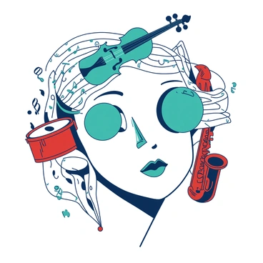 A white face with distinct musical features is centered in the image. The eyes are represented by two vibrant teal violins, positioned symmetrically. The nose is a sleek teal flute, angled delicately above a mouth formed by a series of intertwined musical notes. Surrounding the face are various musical instruments, such as a red saxophone and red drums, artistically integrated into the hair, creating a flowing, melodic appearance. Each element seamlessly blends into the overall composition, emphasizing the musical theme.