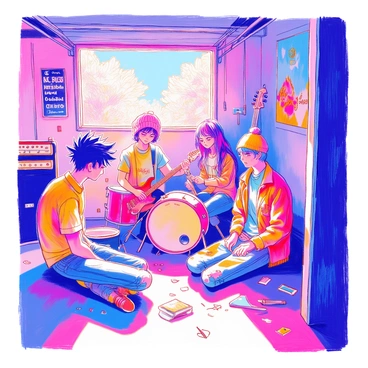 A group of emo friends is gathered in a garage for a jam session. There are four friends: one with black, spiky hair, wearing a band t-shirt and skinny jeans; another with long, layered hair dyed dark purple, dressed in a plaid shirt and ripped denim. The third friend has bright blue hair, wearing a beanie and a graphic tee, while the fourth has a mohawk, dressed in a leather jacket and cargo pants. They are surrounded by musical instruments, including an electric guitar, a bass guitar, and a drum set. Posters of famous bands decorate the walls, and a small window allows a beam of light to illuminate the scene, casting shadows on the floor.