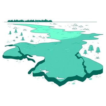 A teal river delta is spreading across the landscape, with multiple channels flowing in various directions. The water is shallow and reflects the sky, creating a contrast with the surrounding land. Along the banks, a mixture of white sand and dark brown sediment is visible, as new land is being formed. Small tufts of green grass emerge from the deposited soil, indicating the beginnings of new plant life. In the distance, there are clusters of trees lining the edges of the delta, their reflections rippling in the water.