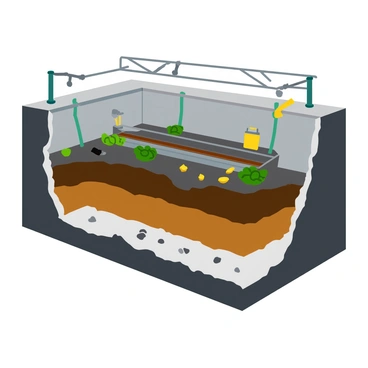 A cross-section view of a metro tunnel revealing various underground layers. The tunnel itself is cylindrical with concrete walls and visible rail tracks in the center. Above the tracks, there are overhead wires connecting to support structures. Surrounding the tunnel, several layers of soil can be seen, each with distinct textures: dark, rich soil at the top, followed by a layer of gravel and then solid rock below. Small rocks and pebbles are scattered throughout the gravel layer. Additionally, there are pipes and electrical conduits running parallel to the tunnel walls. The overall scene is well-lit to emphasize the details of the layers and structures within the tunnel.