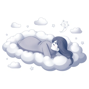 A young woman named Julia is lying on a fluffy surface, her eyes gently closed in a serene expression. She is surrounded by a mass of soft, billowy clouds that appear to cradle her. The clouds have different shapes, some resembling gentle hills and others curling like waves. Around her, there are various symbols of hope, such as small bright stars and abstract shapes that suggest growth and positivity. The overall composition conveys a sense of tranquility and aspiration, with Julia at the center of this peaceful environment.