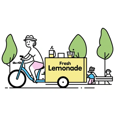 A mobile lemonade stand on a bicycle cart, featuring a bright yellow cart with a large sign reading "Fresh Lemonade" in bold letters. The cart is attached to a blue bicycle with a silver frame. A person is pedaling the bicycle, wearing a white t-shirt and a sun hat. The surroundings include green trees and people enjoying the park, some sitting on benches and others walking along the paths. The cart has a pitcher of lemonade visibly displayed, along with cups ready for serving.