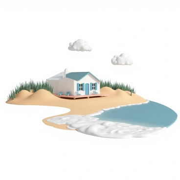 A bright beach house with white walls and vibrant blue shutters. The house features a wooden deck with a few lounge chairs. Surrounding the house are tall, golden sand dunes covered with green sea oats. Nearby, gentle waves crash onto a sandy shore, creating a frothy white foam. The sky above is clear with a few fluffy white clouds.