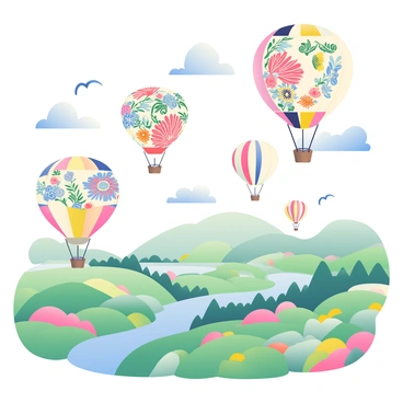 Several hot air balloons are floating gracefully above a diverse landscape. Each balloon features intricate "ahki" illustrations, showcasing detailed patterns and vibrant colors. Below the balloons, the landscape is a mix of rolling green hills, patches of colorful wildflowers, and winding rivers that reflect the blue sky. The balloons vary in size and design, with some being round and others more elongated. A few birds can be seen soaring in the distance, adding to the sense of openness in the sky. The sunlight casts soft shadows on the ground, enhancing the natural beauty of the scene.