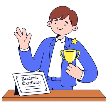 A proud student with short brown hair is standing upright, smiling confidently. They are wearing a smart blue blazer and white shirt. In their right hand, they are holding a shiny gold trophy with a star on top. Beside the student on a wooden table is a white scholarship certificate with ornate borders and the text "Academic Excellence" written in elegant font. The background is simple and uncluttered, emphasizing the student and their achievements.