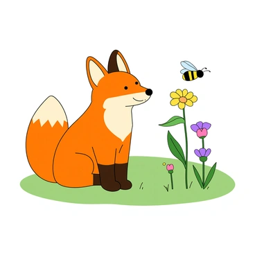 A curious orange fox with white markings on its chest and tail is sitting on a patch of green grass. Its ears are perked up, and its eyes are wide with interest as it watches a small, buzzing honeybee. The honeybee is hovering just above a vibrant wildflower with bright yellow petals and a green stem. The flower stands tall amongst a scattering of other colorful wildflowers in shades of purple and pink. The sun casts soft light over the scene, highlighting the fox's fluffy fur and the delicate details of the bee's wings.