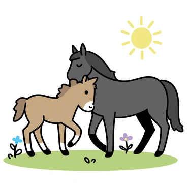 A fluffy foal with a light brown coat is nuzzling against its mother, a larger horse with a dark mane and a glossy black coat. They are standing in a lush green pasture filled with soft grass. The sun is shining brightly overhead, casting warm light across the scene. In the background, a few wildflowers dot the landscape, adding bursts of color to the serene environment.