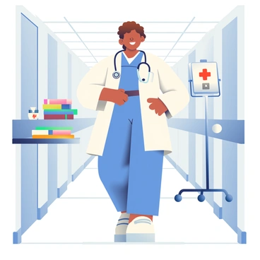 A young doctor standing proudly in a hospital hallway, surrounded by medical equipment and books