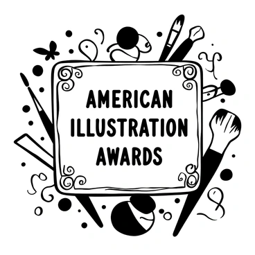 An ornate invitation card for the "American Illustration Awards" prominently displayed in the center. The card has intricate decorative borders featuring swirls and floral patterns. Various artistic elements such as paintbrushes, ink pots, and splashes of ink are arranged around the card. The background consists of a subtle texture that enhances the overall design without overpowering the text. The words "American Illustration Awards" are elegantly written in a bold, stylized font.