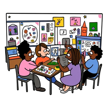 A classroom filled with colorful art projects displayed on desks and walls. Several light-skinned students with big eyes are gathered around a table, engaging in a lively discussion about their artwork. One girl with short curly hair and glasses wears a pink shirt and is pointing at a painting on the table. A boy with medium-length straight hair and an orange shirt listens intently, nodding while holding a sketchbook. Another girl with long braids wearing a purple dress is showing her sculpture, while a boy with curly hair in a blue t-shirt offers feedback. The atmosphere is animated, with bright posters and art supplies scattered throughout the room.