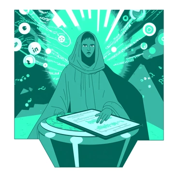 A teal oracle with long flowing robes is seated on a futuristic pedestal in a vibrant digital landscape. In front of the oracle, there is a sleek, glowing tablet displaying various graphs and icons representing digital trends. The oracle's eyes are narrowed in concentration as they focus on the tablet’s screen, surrounded by swirling patterns of binary code and holographic images. Above, bright projections of social media logos and data streams hover in the air, illuminating the space with a mix of teal and white light.