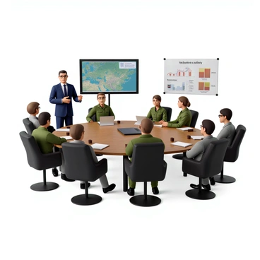 A group of military and government officials gathered around a large conference table in a well-lit conference room. One official, a middle-aged man in a navy blue suit with short-cropped hair, is standing and presenting a map on a digital screen. The screen displays various military positions and strategic points. The attendees, including a woman in a green military uniform and a man in a gray suit with glasses, are listening intently and taking notes. There are documents and laptops open on the table, along with cups of coffee. The atmosphere is professional and focused, with charts and graphs pinned to the walls, highlighting key defense data.