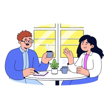 Two individuals sitting at a small round table in a bright cafe. One person, a man with short brown hair, is wearing a blue dress shirt and glasses. The other person, a woman with long black hair, is dressed in a white blouse. They both have steaming cups of coffee in front of them. The man has a notepad and a pen in hand, while the woman is gesturing with her hands as she speaks. A sunny window in the background casts light on their conversation, highlighting their expressions of engagement and collaboration. A small potted plant sits on the table next to their drinks.