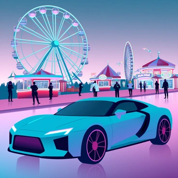 A car parked near a vibrant carnival, with colorful lights and rides in the background