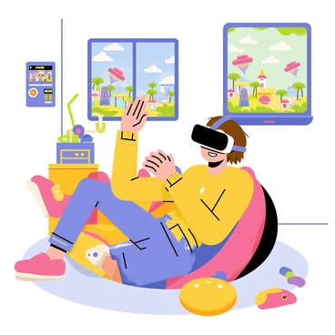 A teenager with short brown hair is wearing black VR goggles. They are sitting on a colorful bean bag chair, with their hands positioned as if they are holding game controllers. The room around them is filled with posters of video games on the walls and scattered game controllers on the floor. A vivid virtual reality game world is visible through the goggles, featuring bright, fantastical landscapes with floating islands and vibrant creatures. The teenager's expression shows excitement and focus as they immerse themselves in the experience.