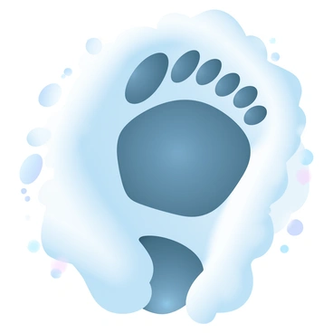 A close-up view of a "mammoth's giant footprint" deeply embedded in "a blanket of pristine snow." The footprint is large and distinct, with textured edges and a large round shape. Surrounding the footprint are "fine, powdery snowflakes" that contrast against the print's darker, compacted area. The light reflects off the snow, creating a soft shimmer, while the background is softly blurred to emphasize the footprint's detail.