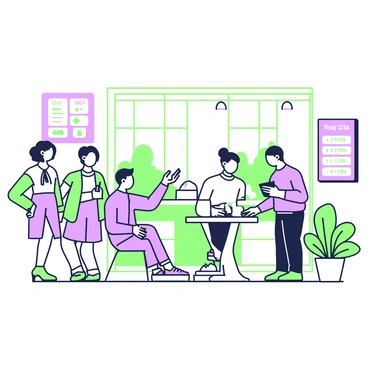 A busy bank lobby filled with customers and bankers engaged in conversations. In the foreground, a customer is sitting at a round table, discussing loan options with a banker who is reviewing documents on a tablet. Nearby, another set of customers is standing together, consulting with a different banker regarding investment strategies. The lobby features large windows allowing natural light to pour in, illuminating the polished floor. There are several potted plants placed strategically around the lobby, and a digital display board showing interest rates is mounted on one wall. Overhead, modern lighting fixtures provide additional brightness to the space.