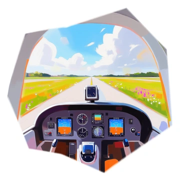 A cockpit view from a landing plane, showcasing the dashboard with various instruments in clear sight. The scene outside the large windshield reveals a runway stretching ahead, flanked by vibrant green fields. The fields appear lush and well-tended, dotted with patches of wildflowers in various colors. The runway is marked with white lines and a vibrant threshold, leading into the distance under a bright blue sky with a few fluffy clouds scattered about.