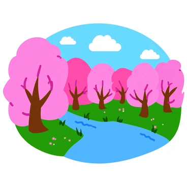 A vibrant scene of cherry blossom trees in full bloom, their delicate pink flowers creating a canopy of color along the riverbank. The branches are heavy with blossoms, gently swaying in the breeze. The river flows calmly beside the trees, reflecting the soft hues of the flowers. Small patches of green grass peek out from the soil, dotted with tiny wildflowers. A few fluffy white clouds drift in a bright blue sky above, completing the peaceful atmosphere of the landscape.