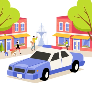 A 3D police car, glossy and bright blue with a white stripe running along the side, is parked in the center of a quaint small town square. The car has a prominent light bar on top, flashing red and blue lights. Surrounding the police car are charming brick buildings with colorful storefronts, each adorned with flower boxes. In the background, a small fountain with crystal-clear water adds to the character of the town square. Two pedestrians stroll nearby, one holding a coffee cup, while a dog plays at the feet of a park bench. Lush green trees frame the scene, enhancing the warm and inviting atmosphere.