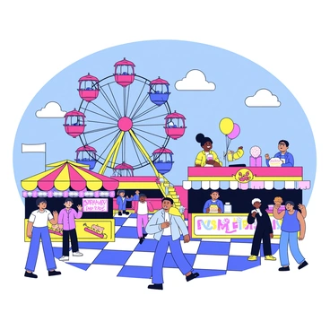 A flat-3D carnival scene filled with colorful rides, including a Ferris wheel with bright red, blue, and yellow gondolas. There are several food stalls decorated with vibrant banners, serving items such as cotton candy and hot dogs. A diverse group of people is seen enjoying themselves, with some laughing and others carrying balloons. The sky is a bright blue, creating a cheerful atmosphere. The ground is patterned with checkered tiles to enhance the festive mood.