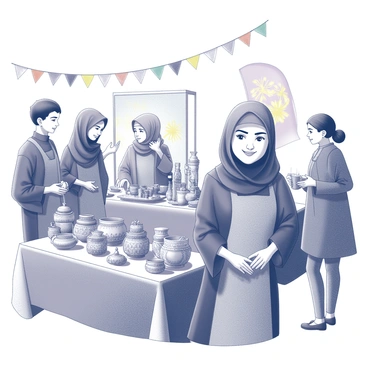 A girl wearing a hijab is standing happily at a cultural fair. She is surrounded by various traditional crafts displayed on tables, including handmade pottery, intricate textiles, and decorative items. The atmosphere is lively, with people engaging in conversation and enjoying the vibrant music playing in the background. The girl is smiling as she observes a vendor demonstrating a craft technique. Bright banners and flags are visible in the distance, adding to the festive ambiance of the fair.
