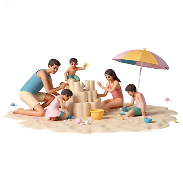 A family of four is gathered on a sandy beach, happily constructing a large sandcastle. The father, wearing a blue tank top and beige shorts, is shaping the castle walls with his hands. The mother, dressed in a bright red swimsuit, is sitting nearby, holding a bright yellow bucket filled with sand. Two children, a boy and a girl, are actively playing with colorful beach toys. The boy, in green swim trunks, is using a small blue shovel, while the girl, wearing a pink sundress, is decorating the sandcastle with seashells. Surrounding them, several bright umbrellas are set up to provide shade, and scattered beach toys including balls and inflatable floats can be seen in the background.