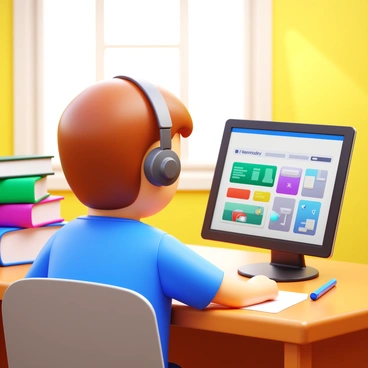 A student with short brown hair is sitting at a wooden desk, focused on a sleek tablet displaying colorful graphics. The adaptive learning software interface is visible, showing personalized content that adjusts to the student's skill level. The student is wearing a casual blue t-shirt and has a pair of headphones resting around their neck. Sunlight filters through a nearby window, illuminating the scene. A stack of books is placed beside the tablet, and a pencil is in the student's right hand, ready for note-taking.