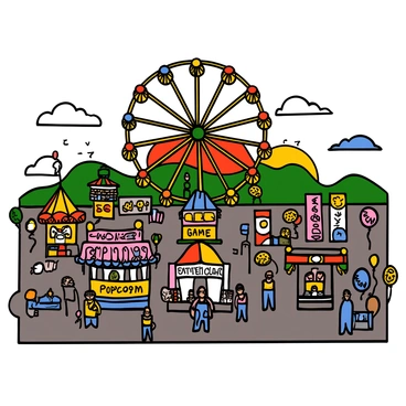 A panoramic view from the top of a brightly colored Ferris wheel. Below, there are various carnival attractions including a carousel with colorful horses, game booths with vibrant prizes, and food stalls with banners displaying "popcorn" and "cotton candy." The fairgrounds are bustling with visitors, some holding balloons and others enjoying sweets. In the background, a sunset casts warm hues across the sky, creating a beautiful backdrop for the lively scene.