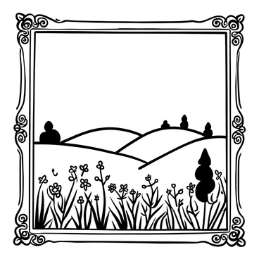 A large, ornate frame surrounding a wide panorama of a sprawling meadow. The meadow displays various types of wildflowers, with intricate details of their shapes and arrangements. The landscape gently rolls in the background, creating a sense of depth. A few trees are scattered throughout, adding texture to the scene. A calm breeze is indicated by the gentle sway of the flowers, enhancing the natural beauty of the setting.