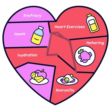 An illustrated heart shape in a bright red color. The heart is divided into sections, each containing a labeled safety tip for heart health. Each tip is clearly written in a bold, easy-to-read font. The sections are color-coded for visual separation, with simple icons representing each tip, such as a heart symbol for heart exercises, a water bottle for hydration, and a plate with fruits and vegetables for healthy eating. The overall design is clean and minimalistic, focusing on clarity and accessibility of information.