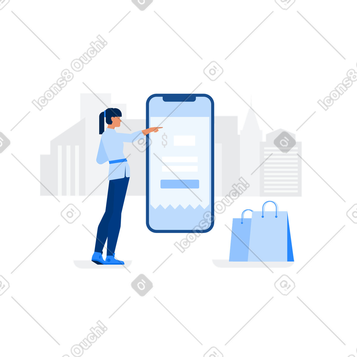 Person using large smartphone for online purchase, mobile shopping and e-commerce transaction illustrazione in stile Urban scarica in PNG, SVG