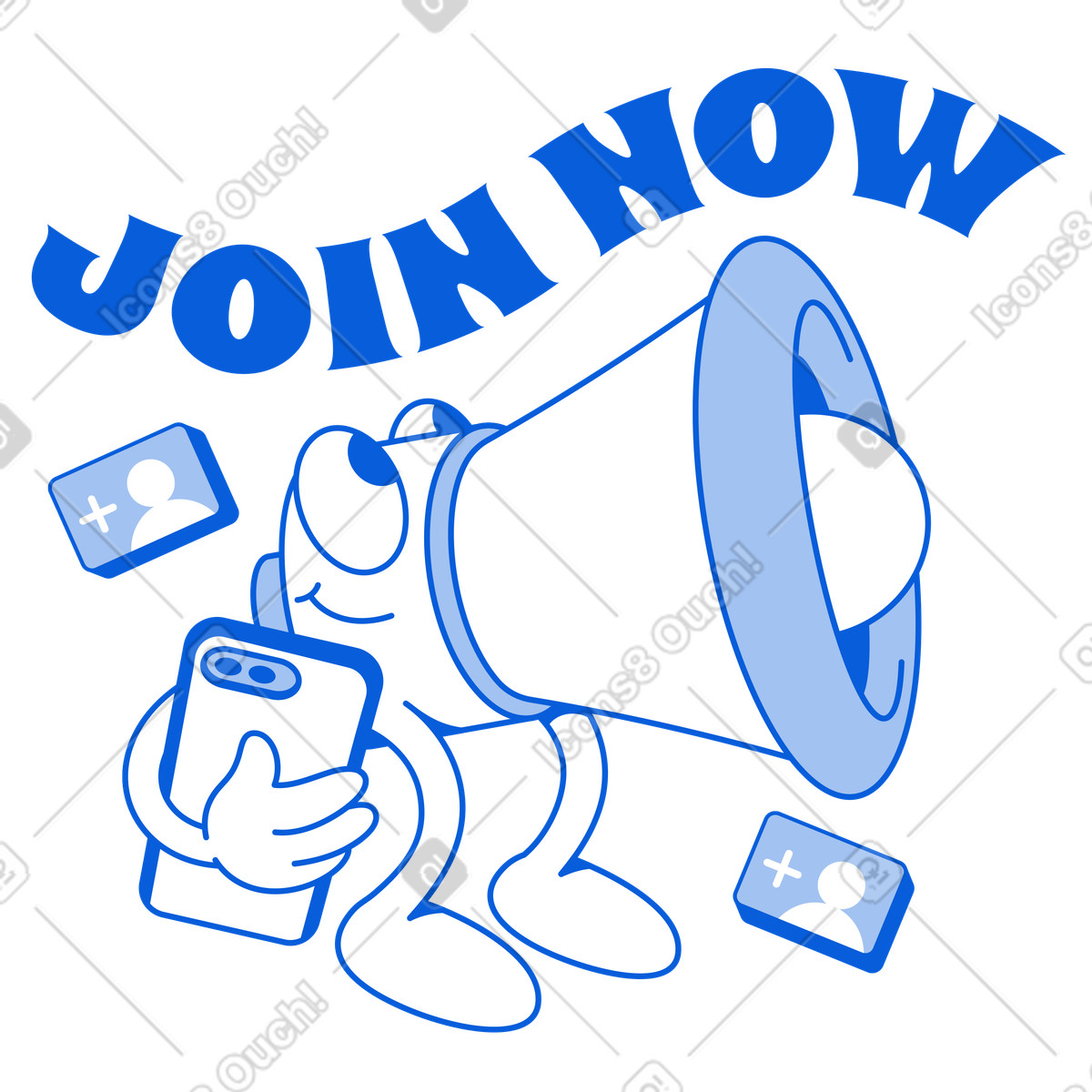 下载 Handy Line 风格的 Cute loudspeaker announcing join message, Social media invitation or event signup 插画，支持 PNG、SVG 格式